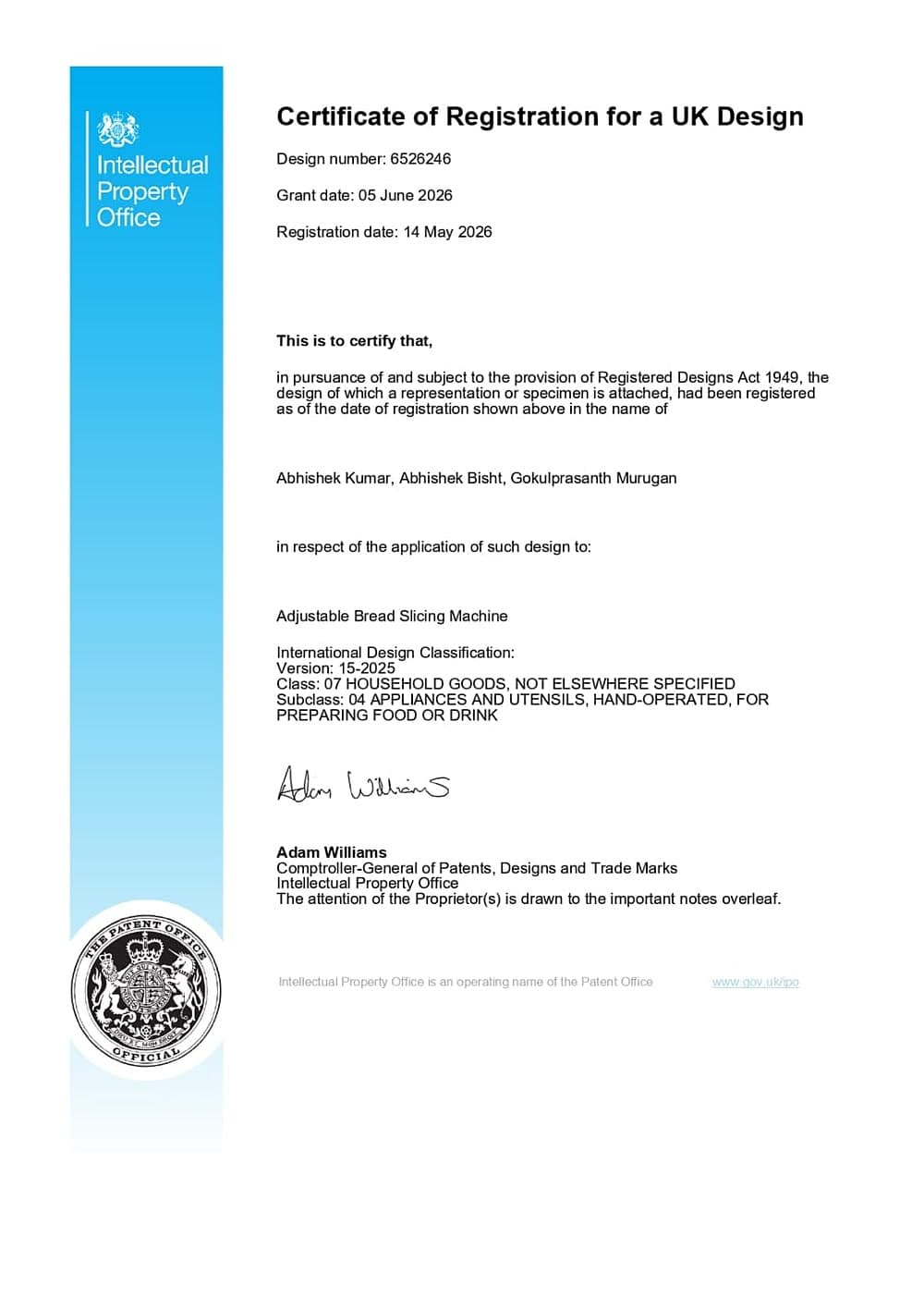 Registered Design certificate for Adjustable Bread Slicing Machine