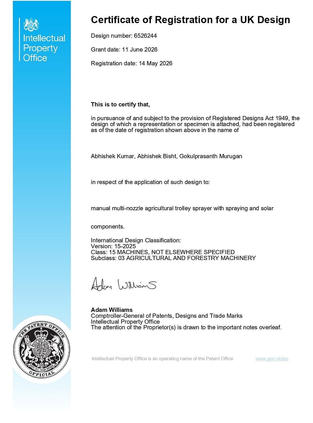 Registered Design certificate for Manual Multi-Nozzle Agricultural Trolley Sprayer